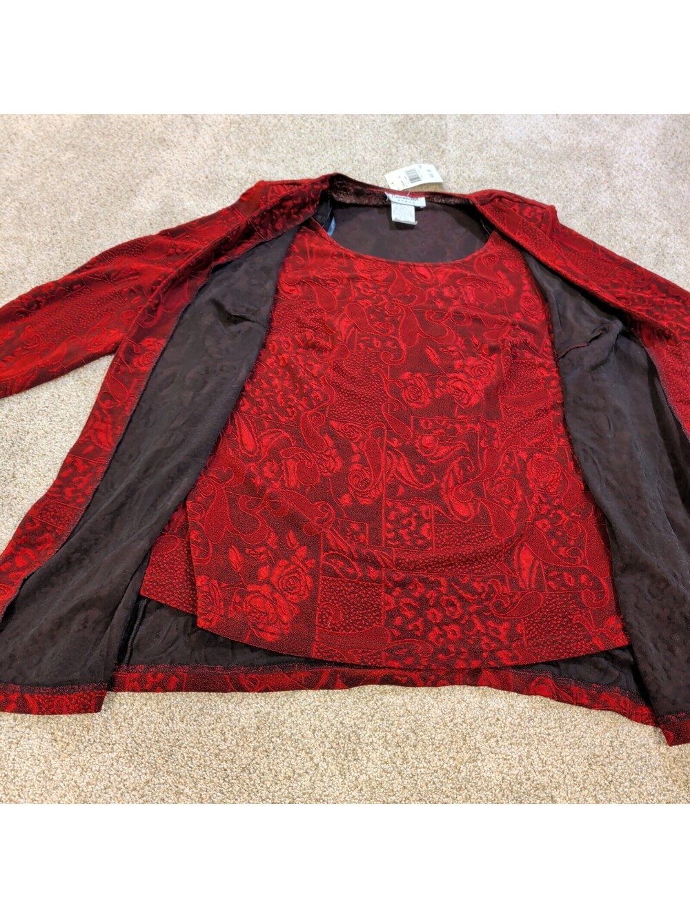 Elegant Red Patterned Long Sleeve Blouse with Matching Jacket Set NWT